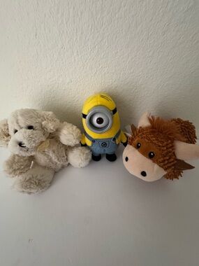 Trio of Plush Kids Stuffed Animal Despicable Me Minion, Plush Bear, Thistle Cow